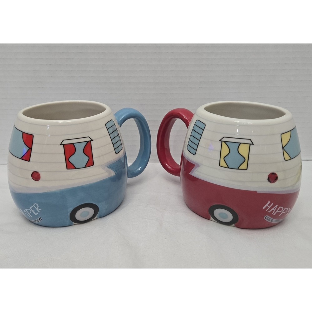 Set 2 Happy Campers Ceramic Mugs Red/Blue Bass Pro Shop Trailers New 16oz Cups